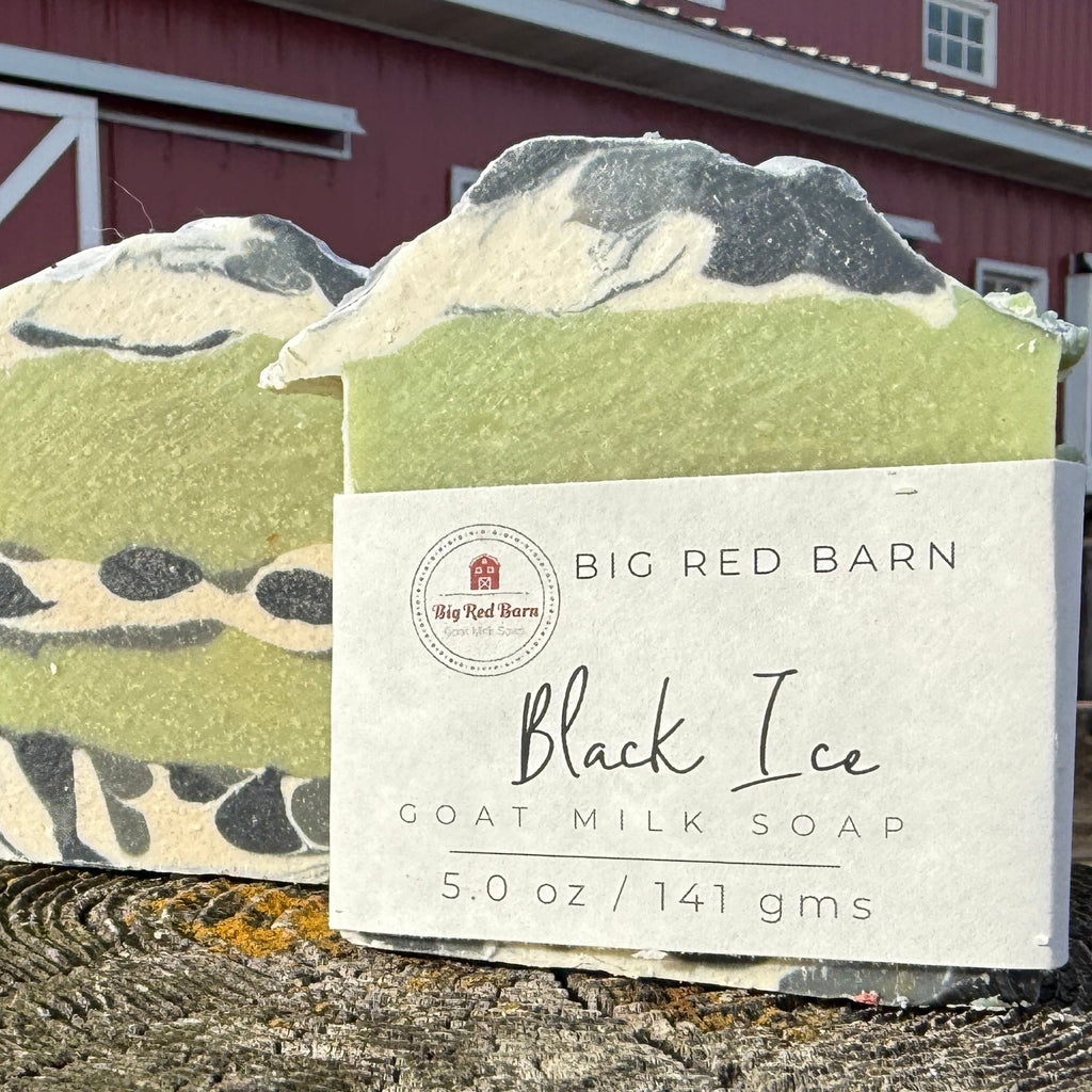 Bar of soap with a 'Big Red Barn' label in front of a red barn.