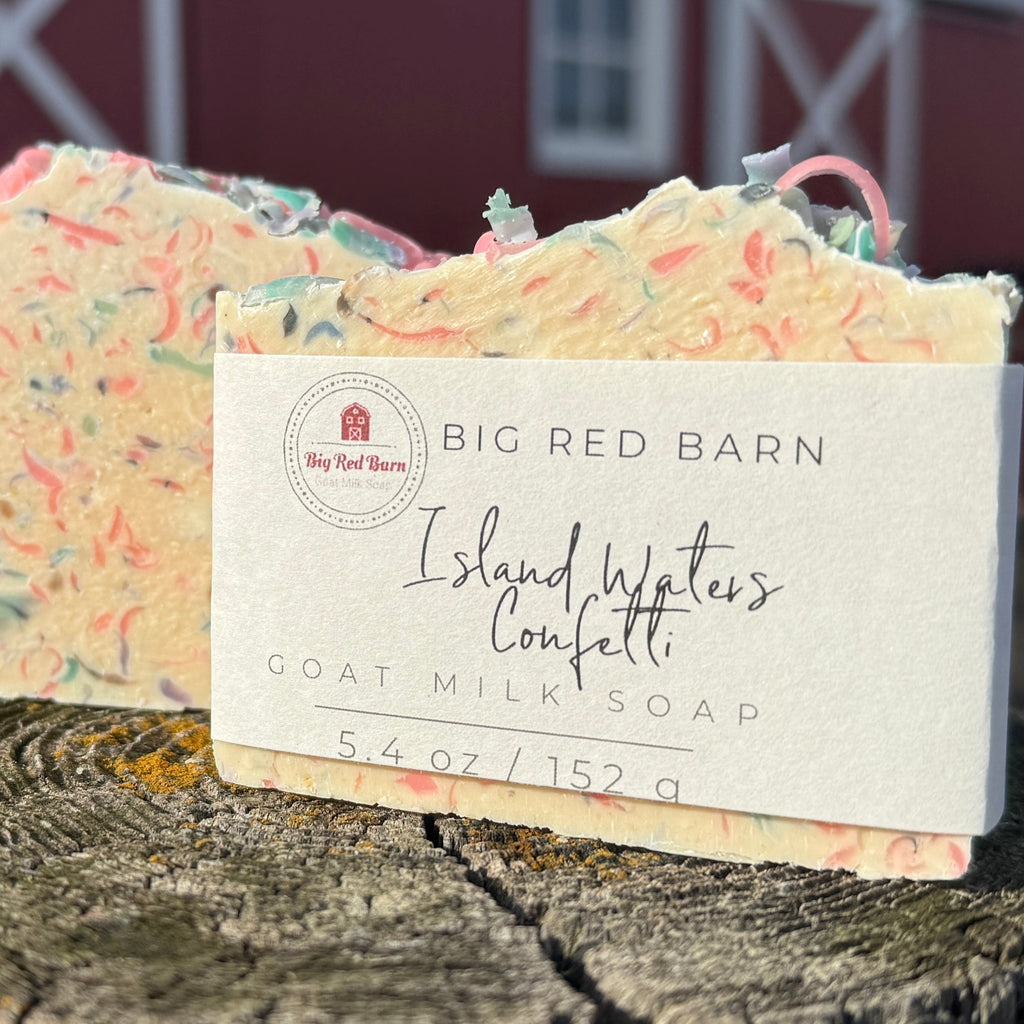 Bar of soap with 'Big Red Barn' branding on a wooden surface.